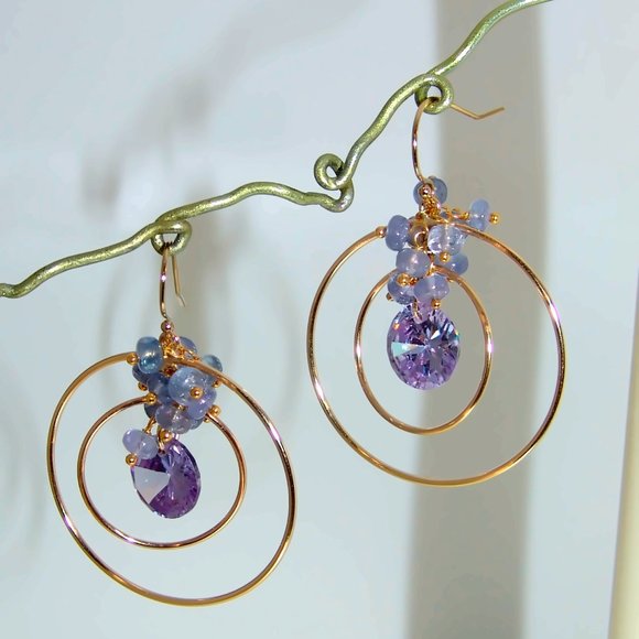 14k Gold Filled Tanzanite Quartz Rondelles Hoop Earrings Gemstone Earrings - Picture 2 of 6